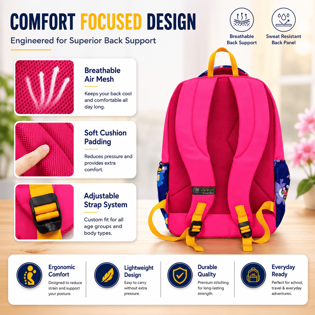 Let’s Go Stylish Printed Backpack for Girls | School, College, Travel & Daily Use Lightweight Backpack - Let's Go