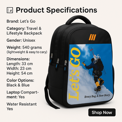 Let’s Go Unisex Travel & Lifestyle Laptop Backpack | Lightweight, Water - Resistant, Multi - Compartment Bag - Let's Go